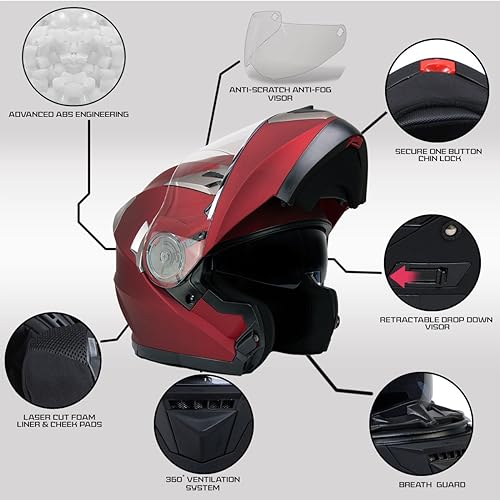 Milwaukee Helmets MPH9826DOT Ionized Flat Red Advanced Motorcycle Modular Helmet w/Drop Down Visor - Small