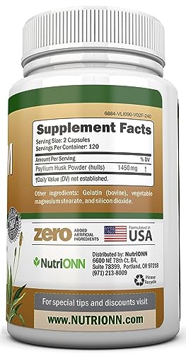 PSYLLIUM Husk Capsules - 1450mg Per Serving - 240 Capsules - Double Strength - Premium Psyllium Fiber Supplement - Great for Digestion and Regularity - 100% Natural Soluble Fiber