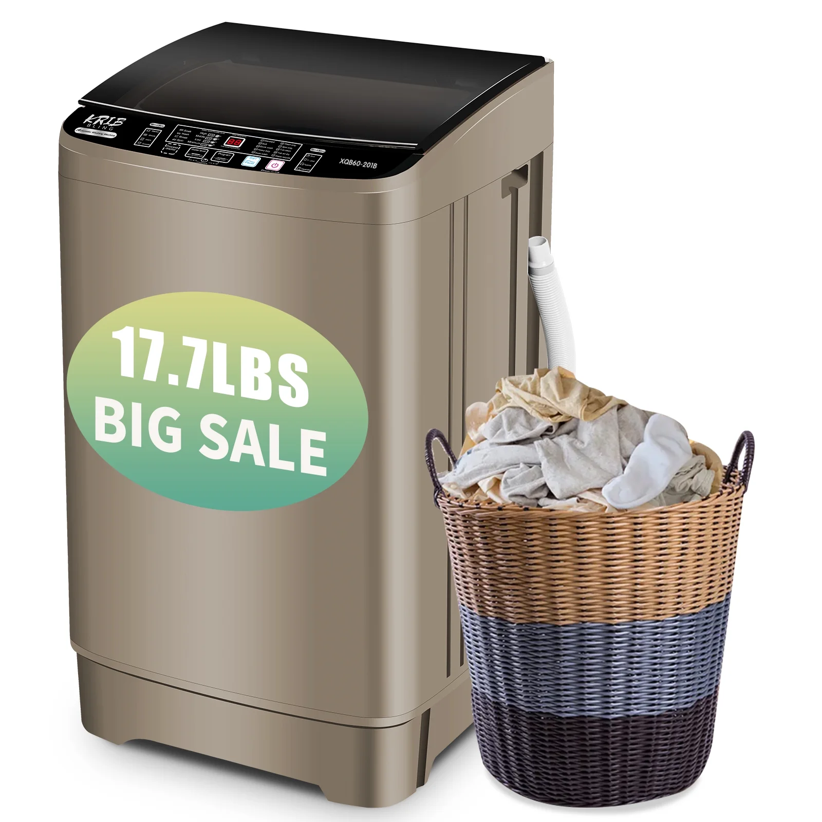 KRIB BLING 17.7 lbs Full Automatic Washer with Drain Pump, Mini Washing Machine, Top Load, 10 Programs, Ideal for Dorm and Apartment, Gold