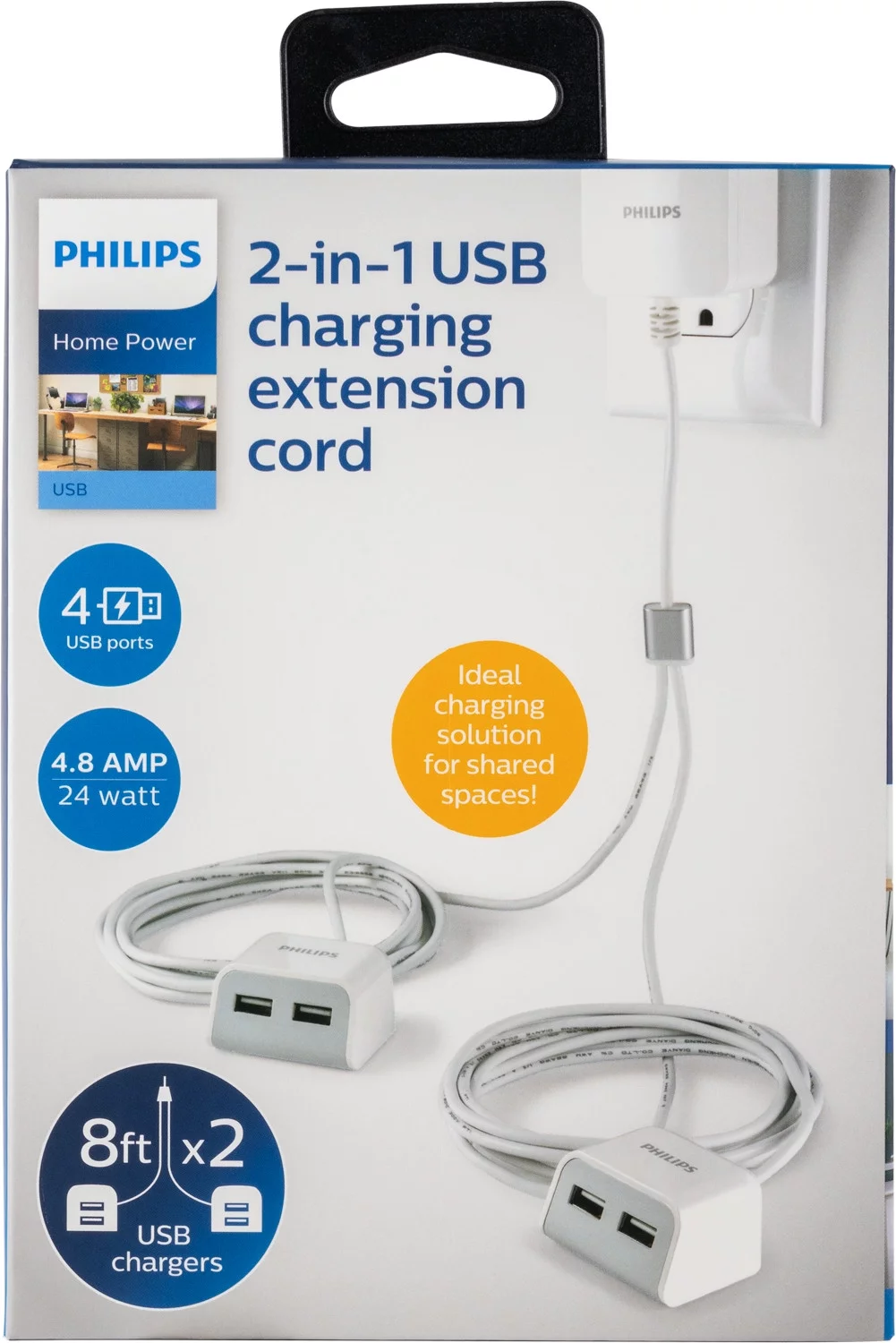 Philips Twin USB Tabletop Charger, 4 USB-A ports, Desktop Charger, 8ft Split Cord, White, DLK51344Q/27