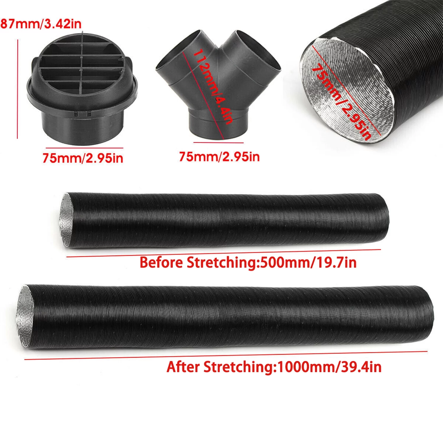 Walmeck Compatible with Webasto Diesel Heater 75mm Heater Pipe Ducting Y Branch Warm Air Outlet Vent Kit