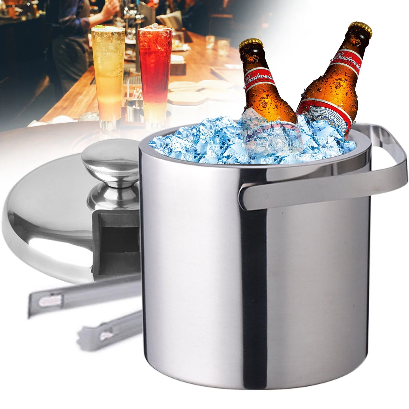 YIYIBYUS Stainless Steel Ice Bucket Double Wall Insulated Ice Bucket Champagne &Wine Bucket1.3L with Lid Strainer and Ice Tong
