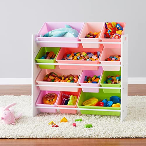 Amazon Basics Kids Toy Storage Organizer With 12 Plastic Bins, White Wood With Pink Bins, 10.9