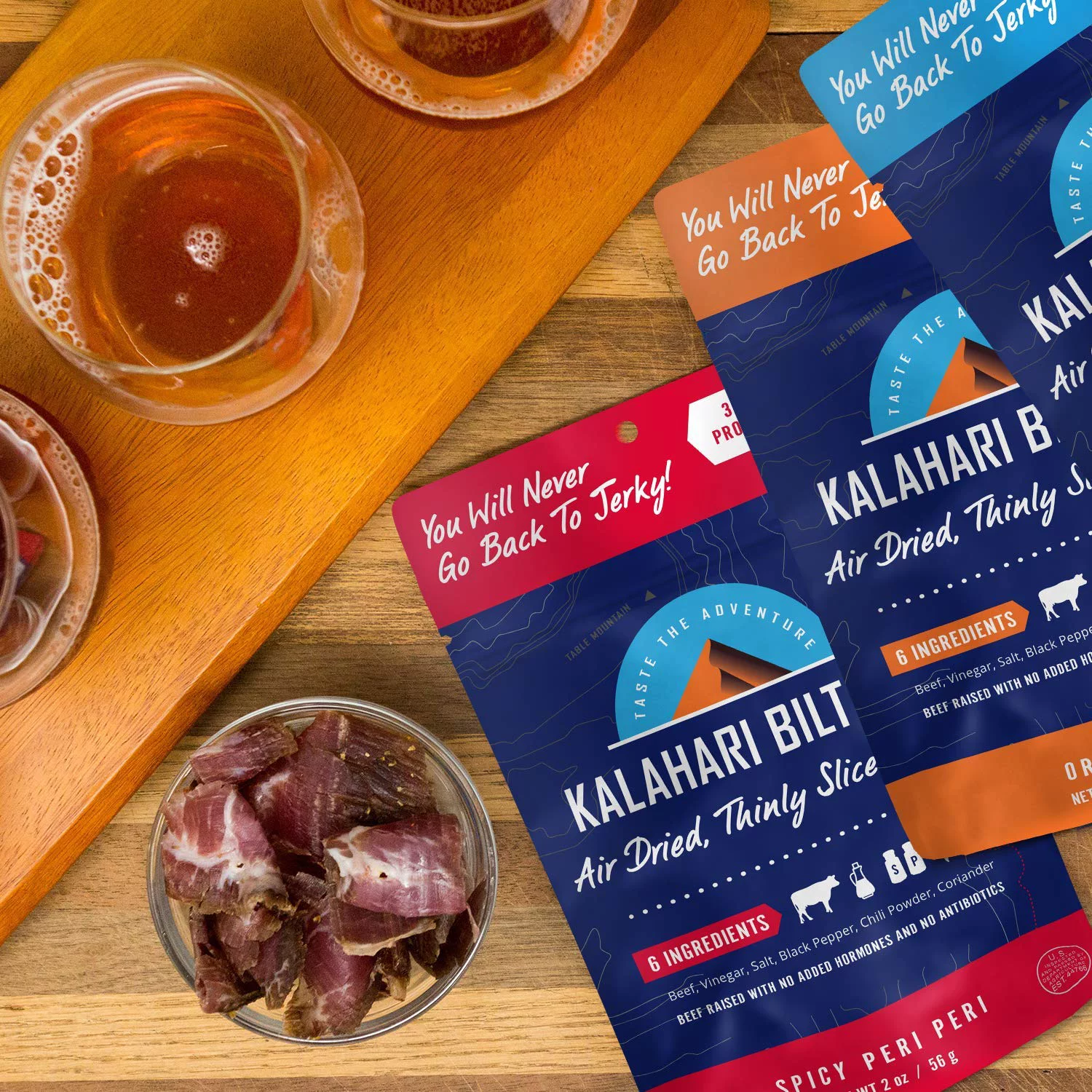 Spicy Peri Peri Kalahari Biltong, Air-Dried Thinly Sliced Beef, 2oz (Pack of 8), Sugar Free, Gluten Free, Keto & Paleo, High Protein Snack