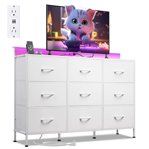 WLIVE Dresser TV Stand for 55 inch, Led Dresser for Bedroom, Black Dressers for Bedroom with LED Lights and Charging Station, Chest of Drawers, 9 Fabric Dresser Drawers, Wood Top, Living Room, Closet