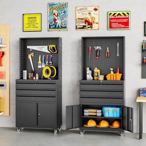 SISESOL Metal Storage Cabinet with Wheels and Drawers,Rolling Garage Storage Cabinet with Lock,Black Metal Tool Cabinet with Hooks,Tall Tool Cabinet on Wheels for Garage,Home,Office,Shop