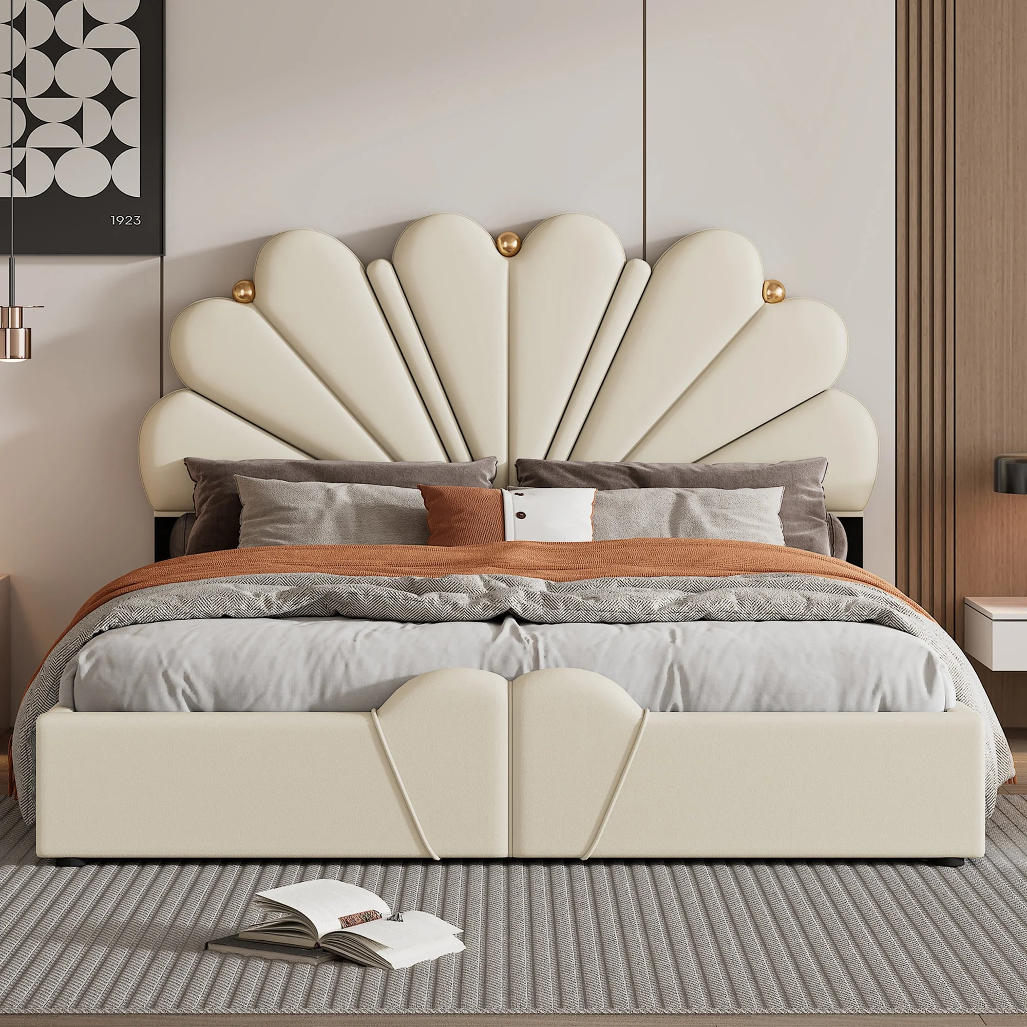 Nyx Queen Size Petal Shaped Platform Bed w Hydraulic System - Beige
