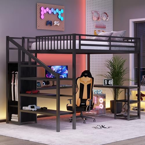 Queen Loft Bed with L-Shaped Desk and Stairs,Metal Queen Size LoftBed with Wardrobe and Adjustable Shelf, Gaming Bed with LED and USB, Heavy Duty Adults Loft Bed,No Noise, Black