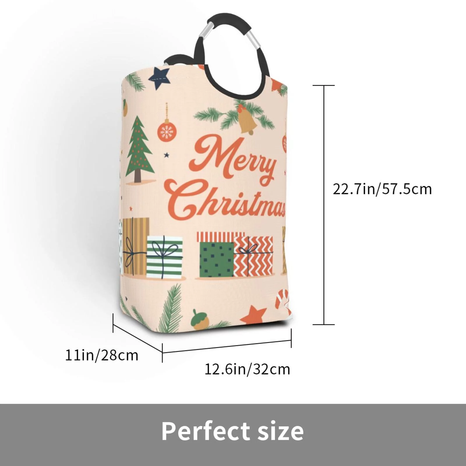 XMXT Collapsible Laundry Basket Hamper, Merry Christmas Flat Print Large Laundry Bag Clothes Hamper with Aluminum Handle, 50L