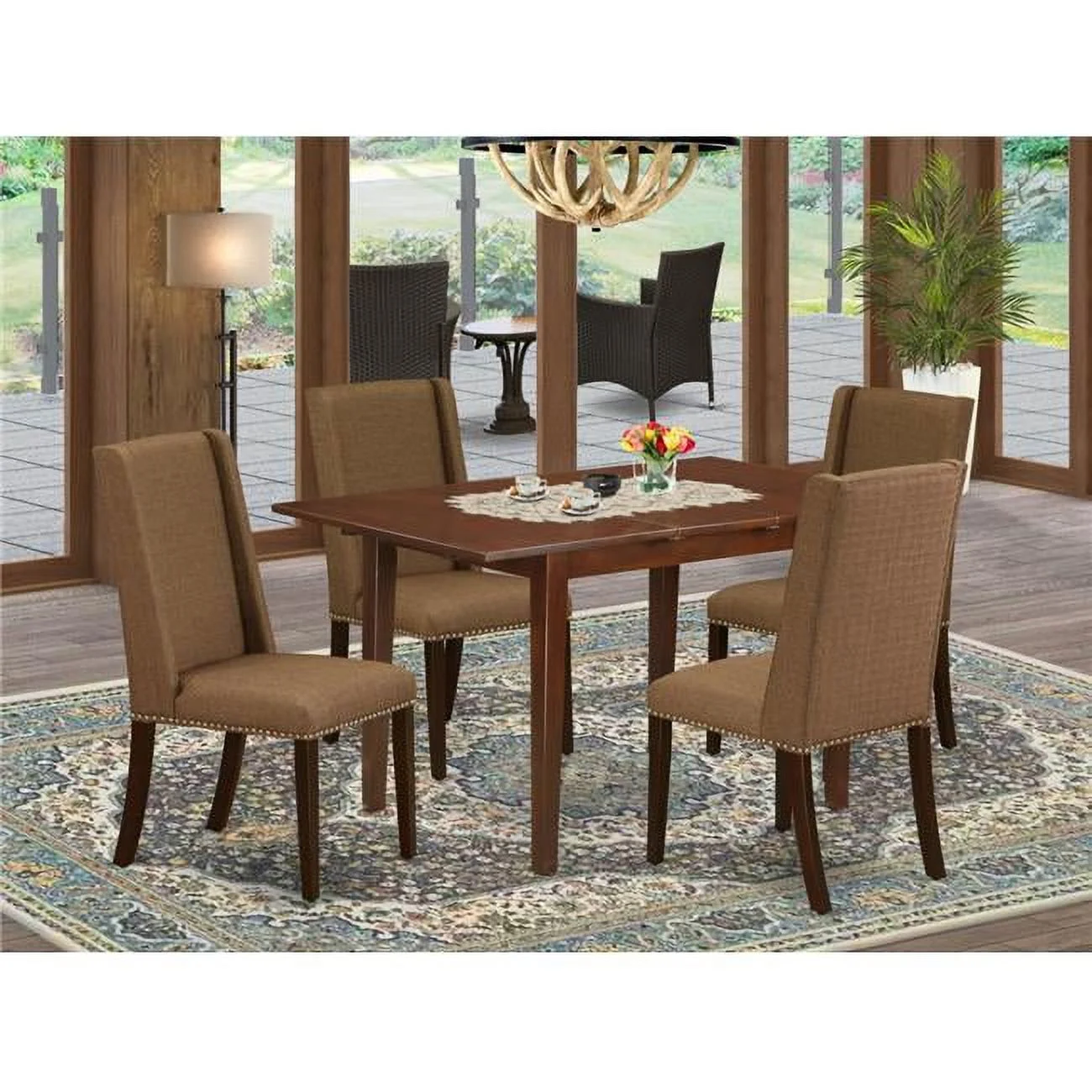 5 Piece Picasso Small Dining Table Set - Mahogany & Brown Beige