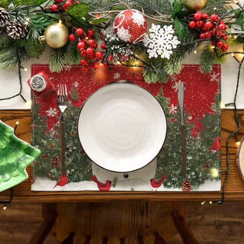 Artoid Mode Snowman Cardinals Trees Christmas Placemats for Dining Table, 12 x 18 Inch Seasonal Winter Birds Xmas Holiday Rustic Vintage Thanksgiving Washable Table Mats Set of 4