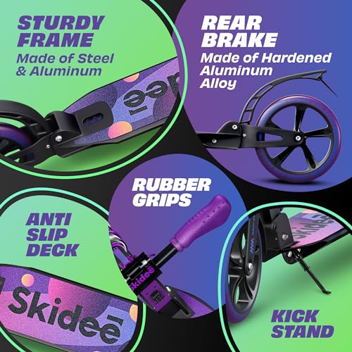 Skidee Adult & Teen Scooter Adjustable Height, Folding, Large Wheels, Lightweight, Durable, Anti-Shock Suspension, Up to 220 lbs