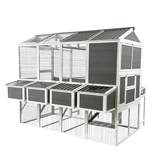 95''X80''X83'' Wooden Chicken Coop with Run – 3-Tier Walk-in Poultry House for 8-10 Chickens, Nesting Boxes, Pull-Out Trays & Rainproof Cedar Design – Gray Outdoor Backyard Cage