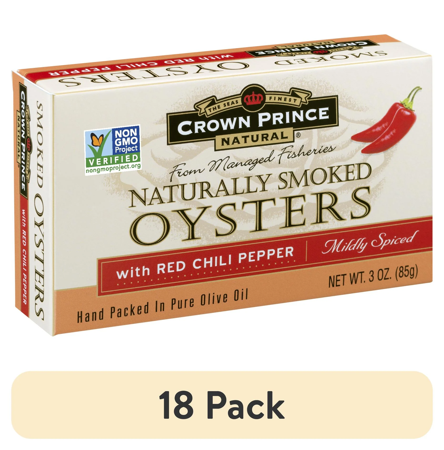 (18 pack) Crown Prince Natural Smoked Oysters With Red Chili Pepper, 3 oz