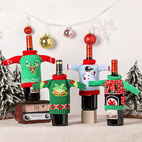 WUWEOT 4 Pack Christmas Wine Bottle Covers, Knitted Ugly Sweater Wine Bottle Dress, Xmas Party Decorations Gift
