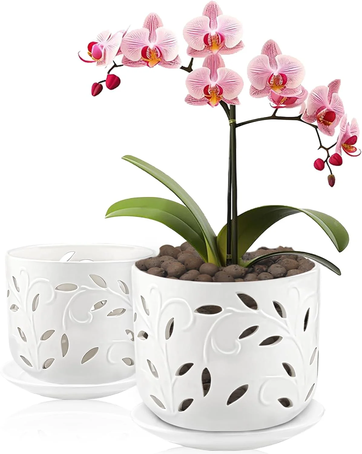 BUYMAX Set of 2 Orchid Pots with Holes & Saucers for Orchid Root Health, 5 inch&6 inch Ceramic Pots for Plants, Effective Drainage and Ventilation to Assist New Plants or Repotting