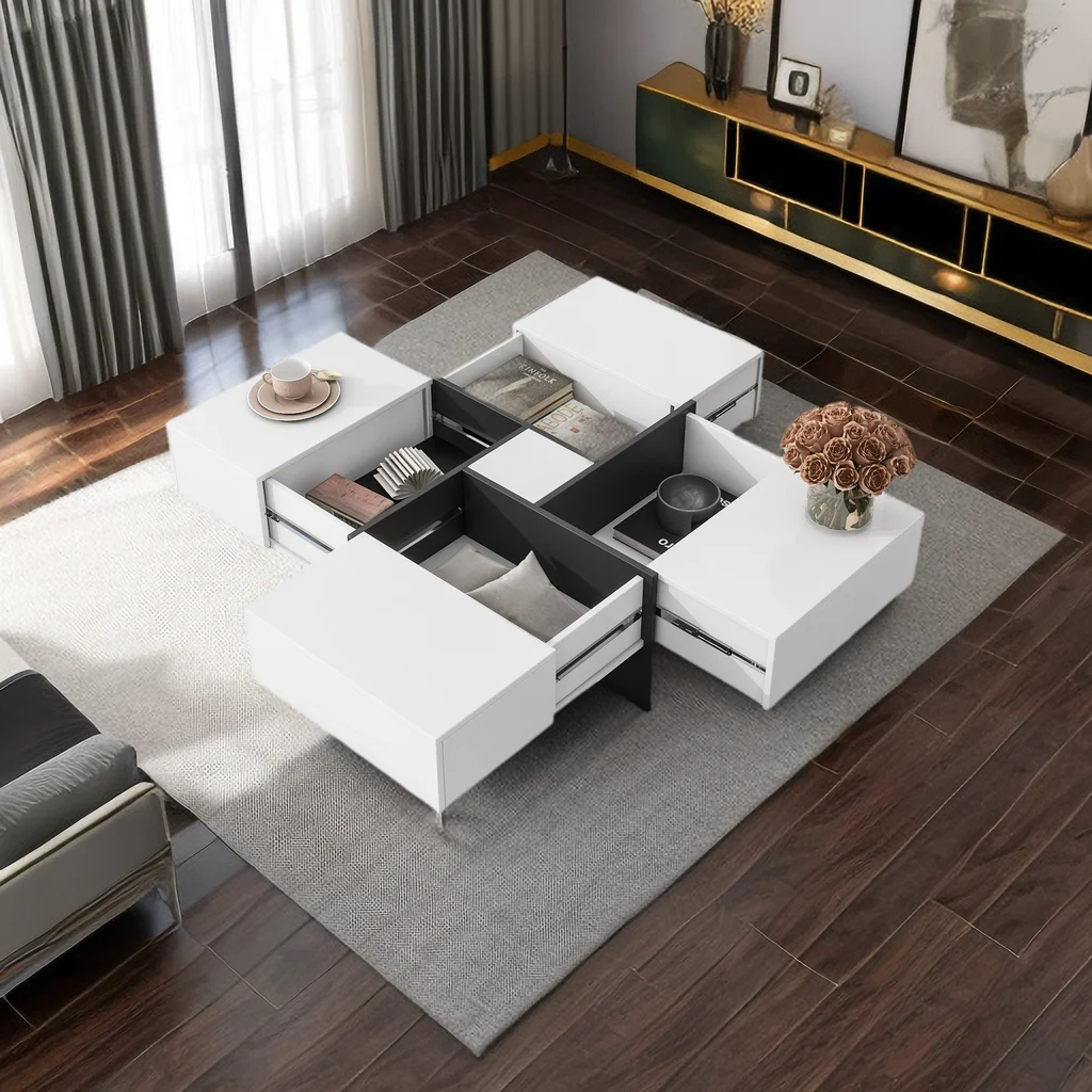 Unique Design Coffee Table with 4 Hidden Storage Compartments, Square Cocktail Table with Extendable Sliding Tabletop, UV High-gloss Design Center Table for Living Room, 31.5