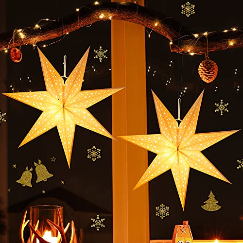 Enhon 4 Pack 20 Inch Paper Lanterns, 7 Point Warm White LED Star Lights with Plug, Collapsible Star Decor for Christmas Window Wall Room Yard