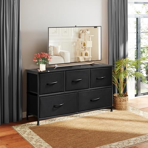 Sweetcrispy Dresser for Bedroom, TV Stand, 5-Drawer Fabric Storage Cabinet, Console Table, Entertainment Center and Closet Organizers for Living Room Furniture, Black