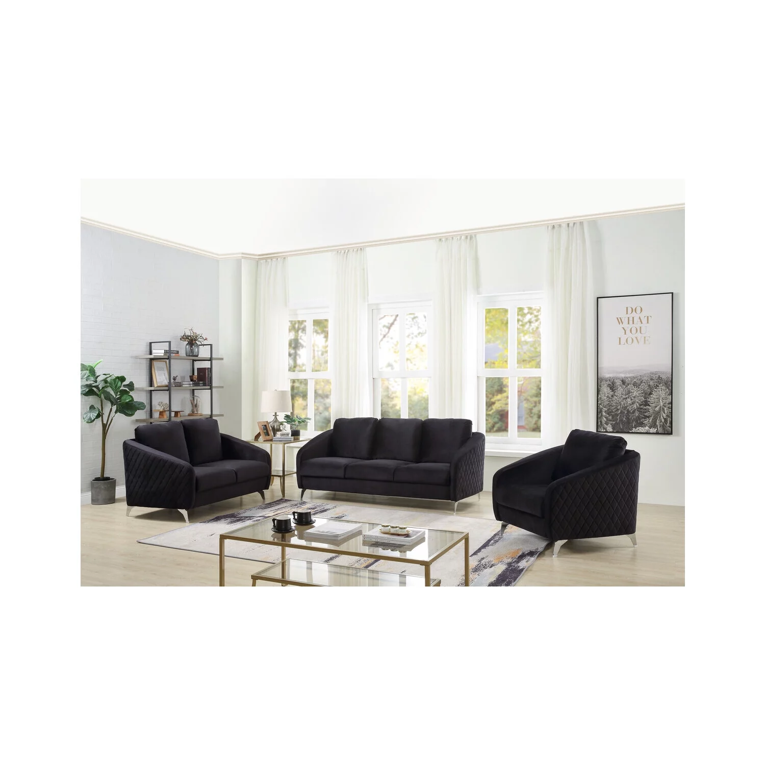 Homestock Tuscan Temptations Black Velvet Fabric Sofa Loveseat Chair Living Room Set