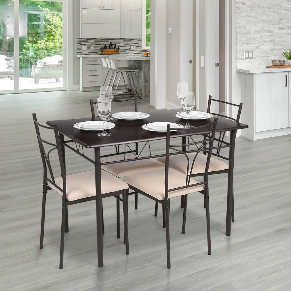 iKayaa 5-Piece Wood & Metal Dining Set, Modern Dining Chairs Set of 4