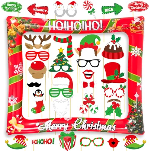 Christmas Photo Booth Props Inflatable Frame, 32Pcs Christmas Party Photo Booth Props with Inflatable Picture Frame Large for Xmas Holiday Party Selfie Supplies