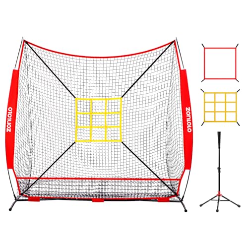 7x7 ft Baseball Net, Pitching & Batting Net with Batting Tee, Designed with Large Ball Collection System, 2 Strike Zones, Carry Bag, Baseball Softball Net for Batting Pitching Hitting and Throwing