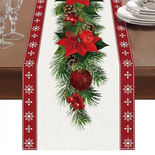 Netnology Watercolor Poinsettia Red Christmas Table Runner with White Snowflake,Seasonal Winter Xmas Party Decoration Holiday Indoor Home Kitchen Decor 13 x 60 Inch