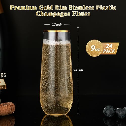 FOCUSLINE 24 Pack 9 Oz Plastic Stemless Gold Rim Champagne Flutes, Heavy Duty, Shatterproof, Disposable & Reusable Crystal Clear Toasting Glasses