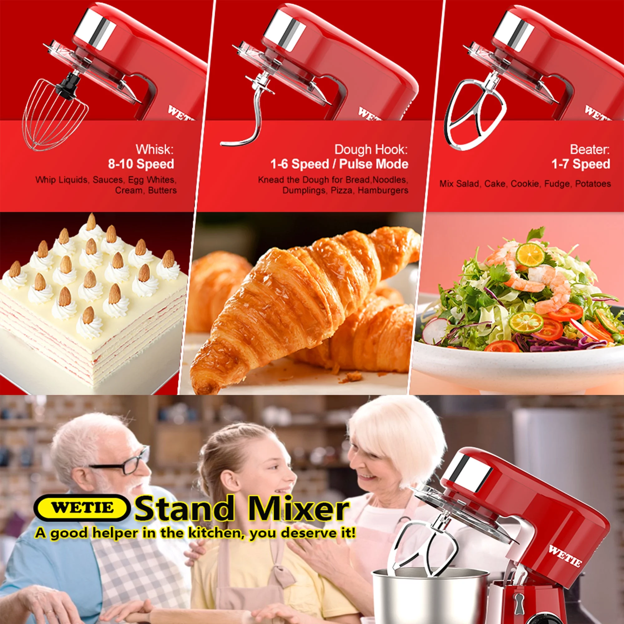 WETIE Stand Mixer with Bowl and Dough Hook, 4.8 Quarts , 10 Speed Kitchen Electric Mixer,Tile-Head,Red