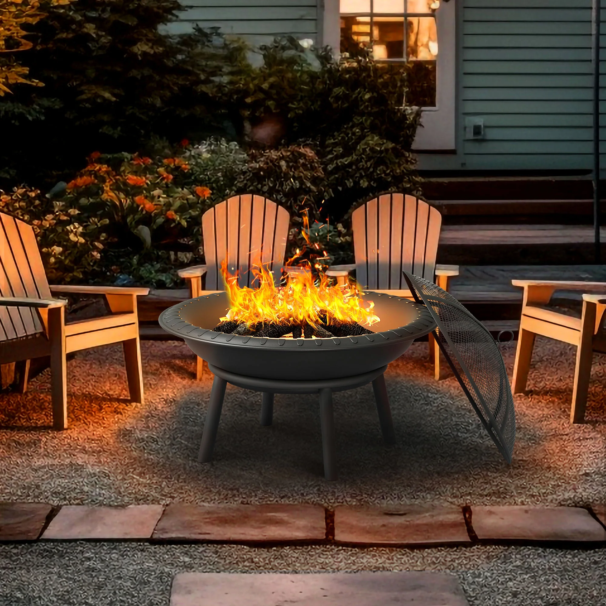 Dextrus 24'' Outdoor Round Fire Pit Bowl with Round Spark Screen, Detachable Log Grate and Poker for Camping Picnic Bonfire Patio Outside Backyard Garden