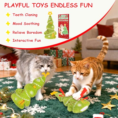 Retro Shaw Christmas Cat Toys, Kitty Xmas Catnip Toys 15.5 Inches Christmas Tree with Crinkle Sound, Safe Kitten Teeth Cleaning Toy, Interactive Kitty Kicker Toy