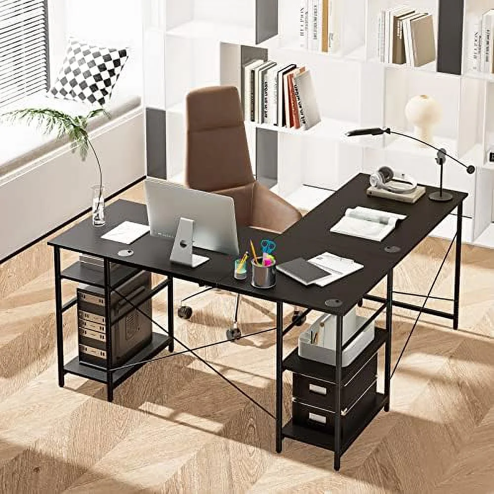 YZboomLife L Shaped Office Desk with  Shelves  Wooden Industrial L Shaped Corner Desk  95 Inch Long Desk for 2 Person  Large Computer Gaming Desk  Home Writing Study Desk (Grey)