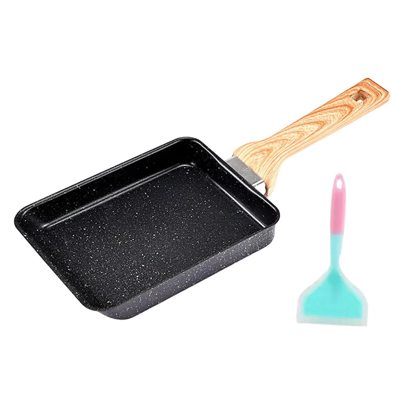Japanese Omelette Scratch Bottom Non Stick Coating Rectangle Steak Skillet Handle Egg Tops , Black with Spatula