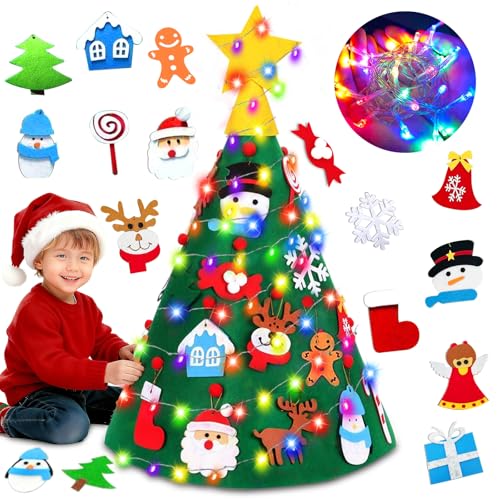 3D DIY Felt Christmas Tree for Toddlers, Stocking Stuffers for Kids with Colorful Lights 20 Hanging Ornaments, 2 Lighted Modes Xmas Gifts for Kids New Year Party Supplies Christmas Party Decorations