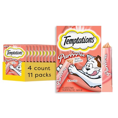 Temptations Creamy Puree Squeezable Lickable Wet Cat Treats with Salmon, 0.42 oz. Tubes, 4 Count, Pack of 11 (44 Total)