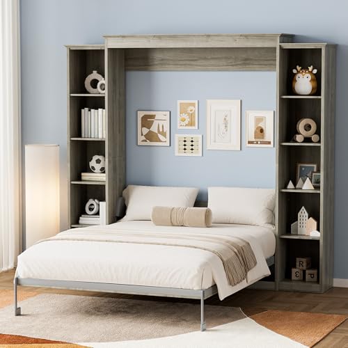 Queen Murphy Bed with Storage Bookcase & 4 Adjustable Shelves, Foldable Space-Saving Queen Wood Wall Bedframe with Metal Legs, Hidden Bedframe for Guest Room, Study, Home Office, Bedroom, Gray