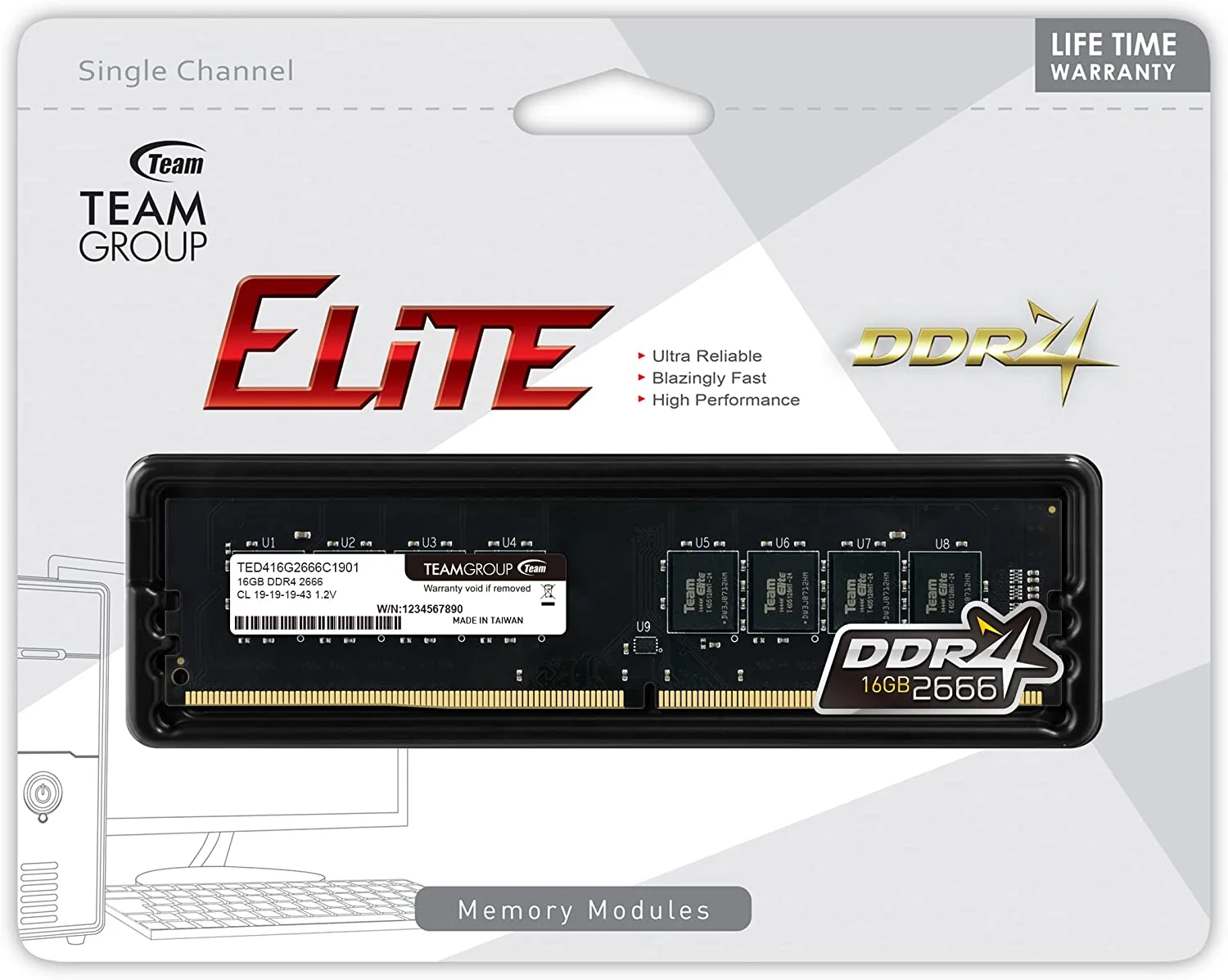 TEAMGROUP Elite DDR4 16GB Single 2666MHz (PC4-21300) CL19 Unbuffered Non-ECC 1.2V UDIMM 288 Pin PC Computer Desktop