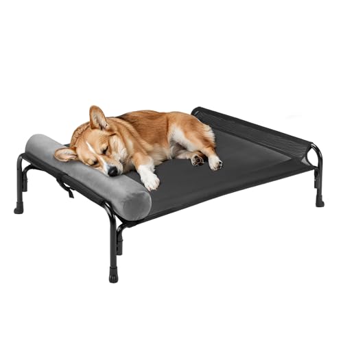 Veehoo Large Elevated Dog Bed, Outdoor Raised Dog Cot Hammock Bed with One-Sided Removable Headrest Bolster, Cooling Breathable Washable Teslin Mesh, Off Ground, Anti-Slip, L, CWC2204BCP