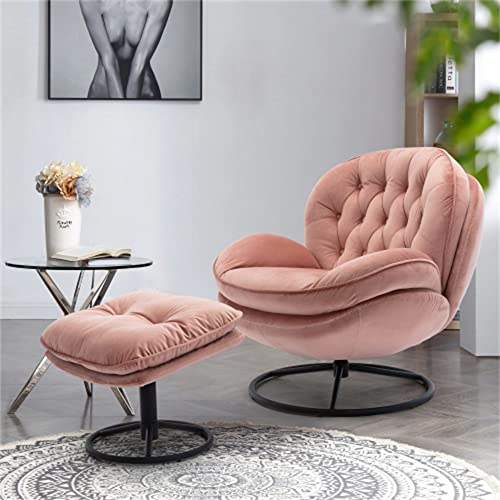 Velvet Swivel Accent Chair with Ottoman Set, Modern Lounge Chair with Metal Base Frame & Footrest, Comfortable Single Leisure Sofa Chair Reading Chair with 360 Degree Swiveling for Living Room, Beige