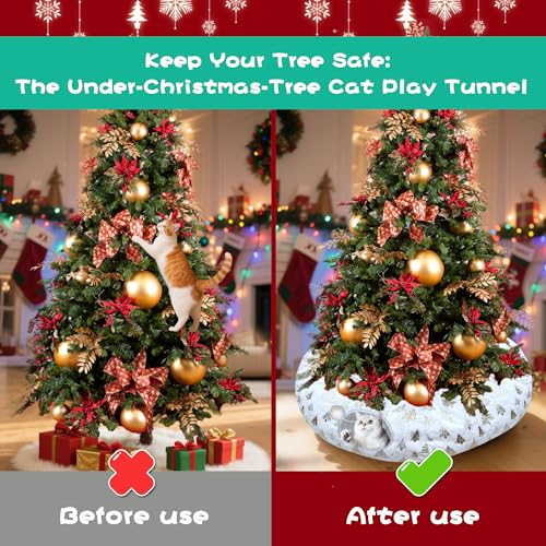 LUCKITTY Christmas Snowflake Print Cat Tunnel Under Tree, Velvet-Touch Jacquard Fabric with Hanging Plush Ball, 10-Inch Diameter 3-Ft Wide Round Pet Tube - Plush & Festive Cat Diversion Red