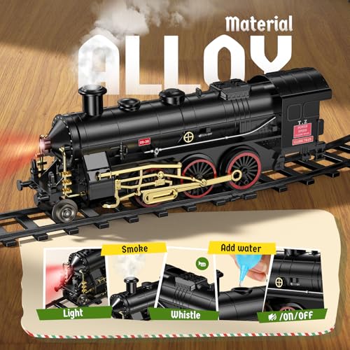 Hot Bee Train Set - Alloy Train Toys for Boys w/Glowing Carriage & Silent, Toy Train w/Smokes, Lights & Sound, Christmas Tree Train w/Steam Locomotive, Model Trains for 3 4 5 6 7 8+ Years Old Kids