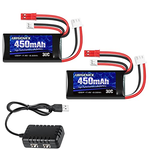 URGENEX 7.4V Lipo 2S 30C 450mAh Rechargeable Lipo with JST & PH2.0 Plug SCX24 with 1to2 USB Charger Fit for Most 1/10, 1/16, 1/18, 1/24 Scale RC Car Truck and RC Drone Airplane