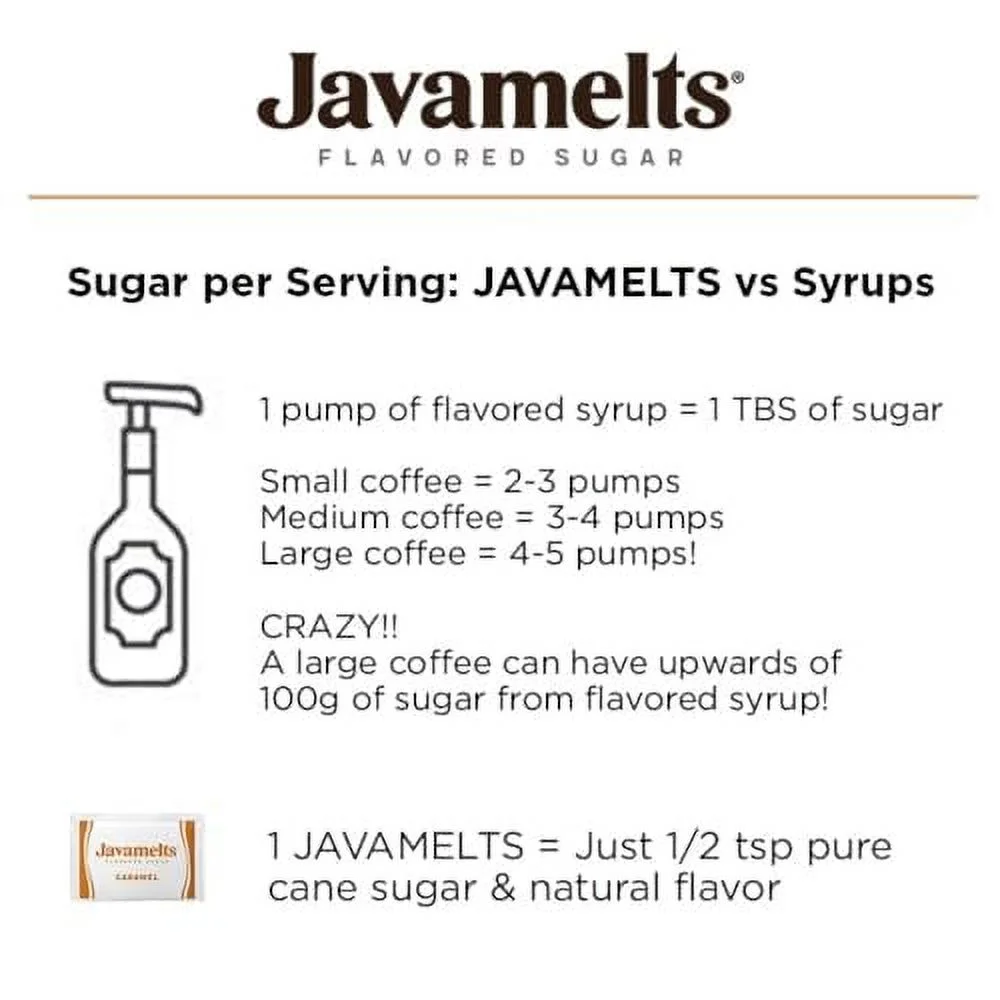 JAVAMELTS Caramel Flavored Sugar, Add Flavor to Your Coffee or Tea, or When Baking Sweets, Non GMO, Non Dairy, Gluten Free, Kosher, (200 Packets)
