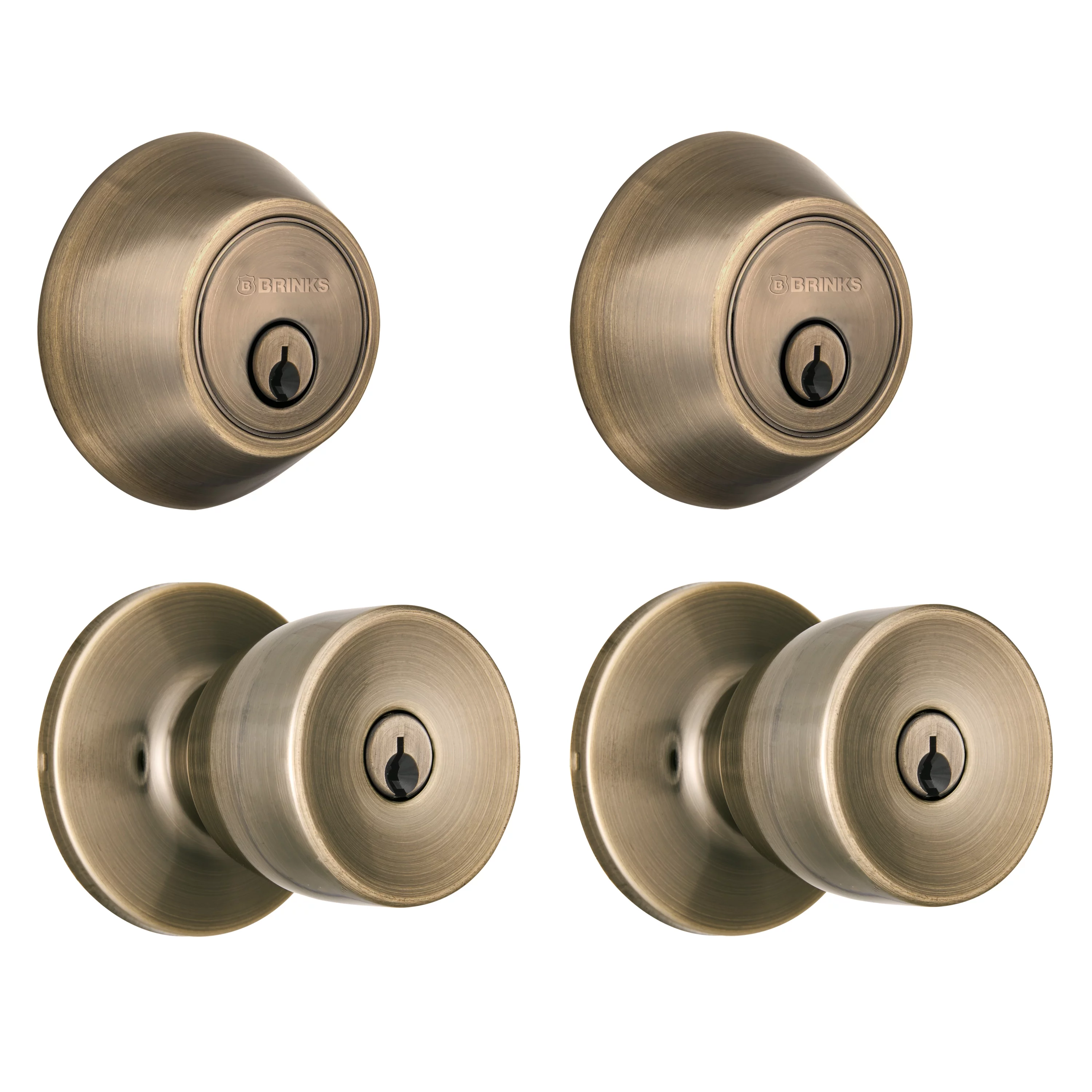 Brinks, Keyed Entry Bell Doorknob and Deadbolt Combo, Antique Brass  Finish, Twin Pack