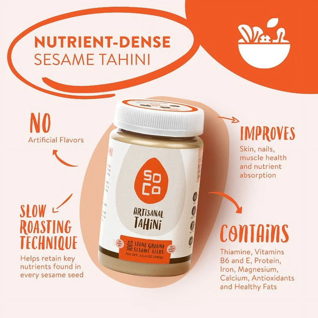 SoCo 1 x Artisanal Tahini Jar 1 x Tahini & Dates Squeeze Packs 1 x Tahini & Pesto Squeeze Packs each (Box of 10) Gluten-Free, Sugar-Free