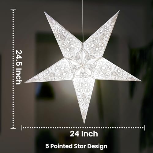 GalaxyArts Paper Star Lantern, 24 Inch Maharani White 3D 5-Point Light-Up Hanging Lamp, Handcrafted Hollow Decoration for Christmas, Weddings, Holidays, Birthday, Indoor Outdoor Party Home Décor