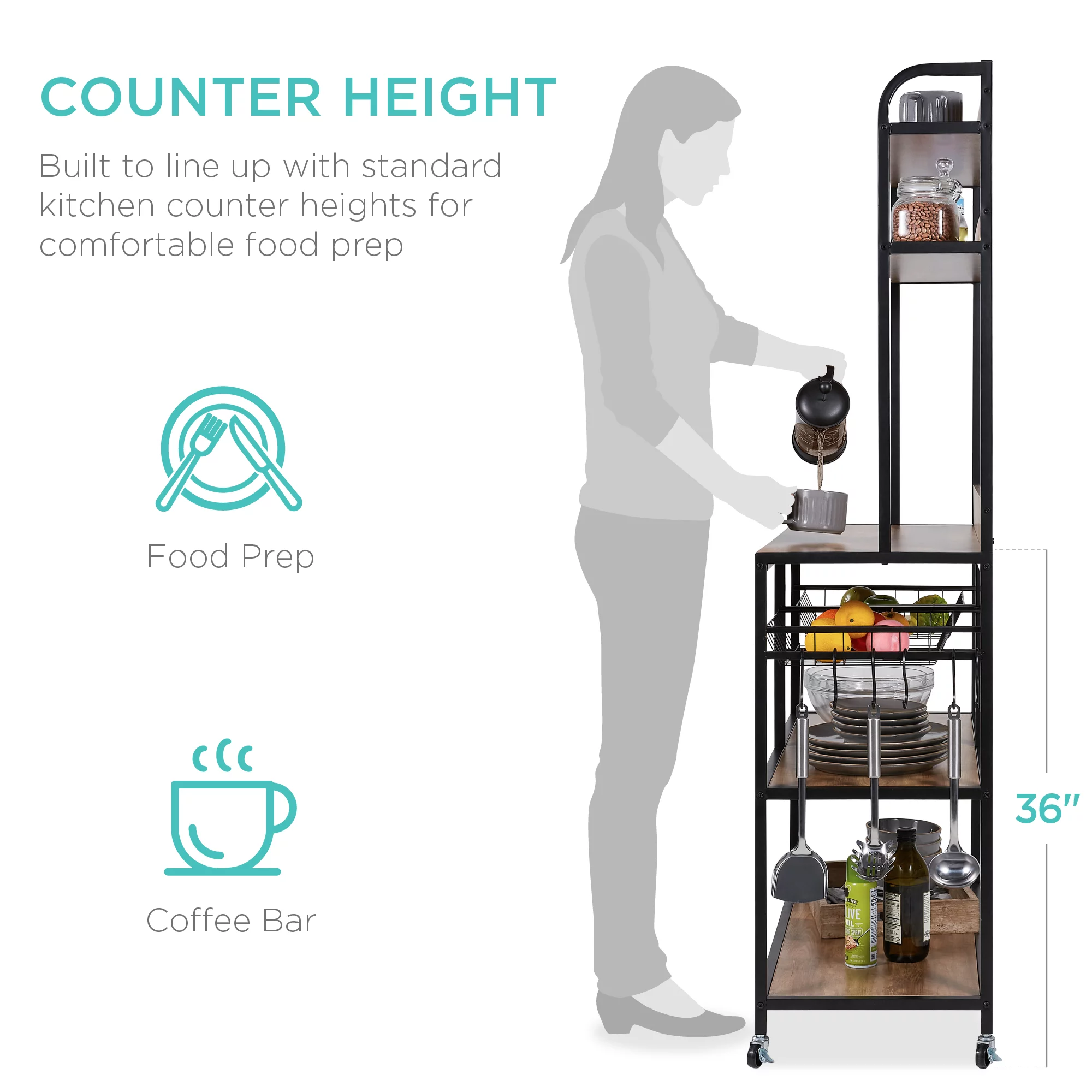 Best Choice Products 67in Counter-Height Baker's Rack w/ Locking Wheels, Adjustable Feet, 2 Wire Baskets - Brown/Black