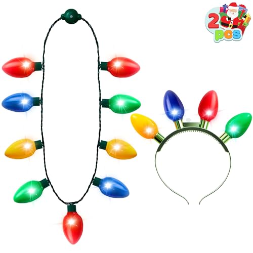 JOYIN 2PCS Christmas Light Up Headband and Necklace with 6 Flashing Modes, LED Christmas Lights Bulb Necklace Headband for Kids Women Men Xmas Party Supplies Accessories