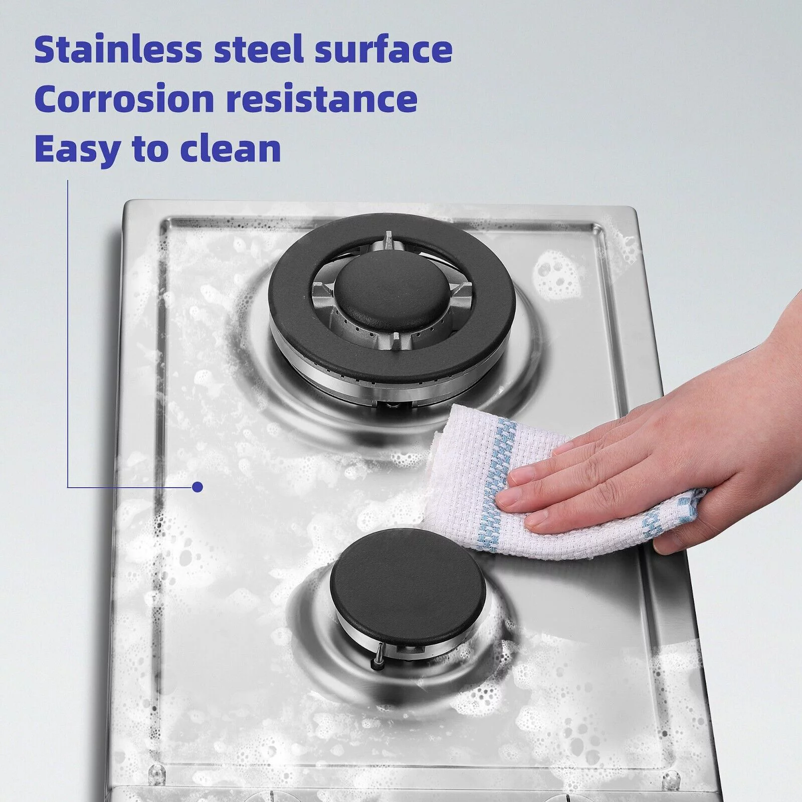 2-Burners 12inch Gas Cooktop Stainless Steel NG/LPG Convertible Built-in Burner Cooktop